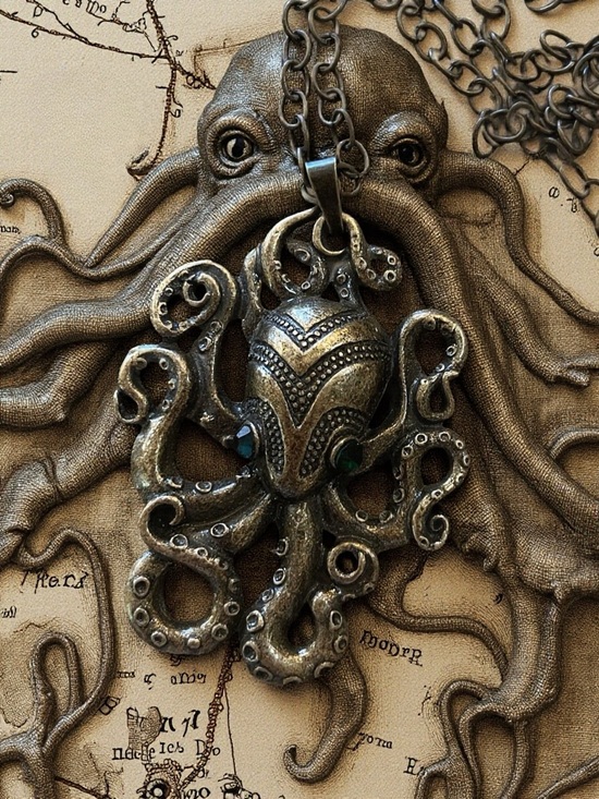 Jewelry - Bronze Octopus/Kraken Pendant Necklace with Green Accent Eyes